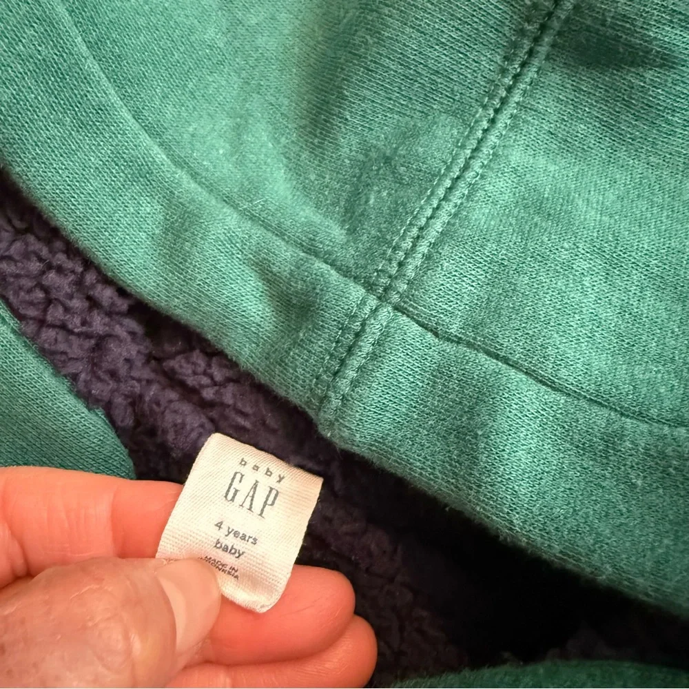 Baby Gap Boys Size 4 Years Green Sherpa Lined Zip Hoodie‎ EUC